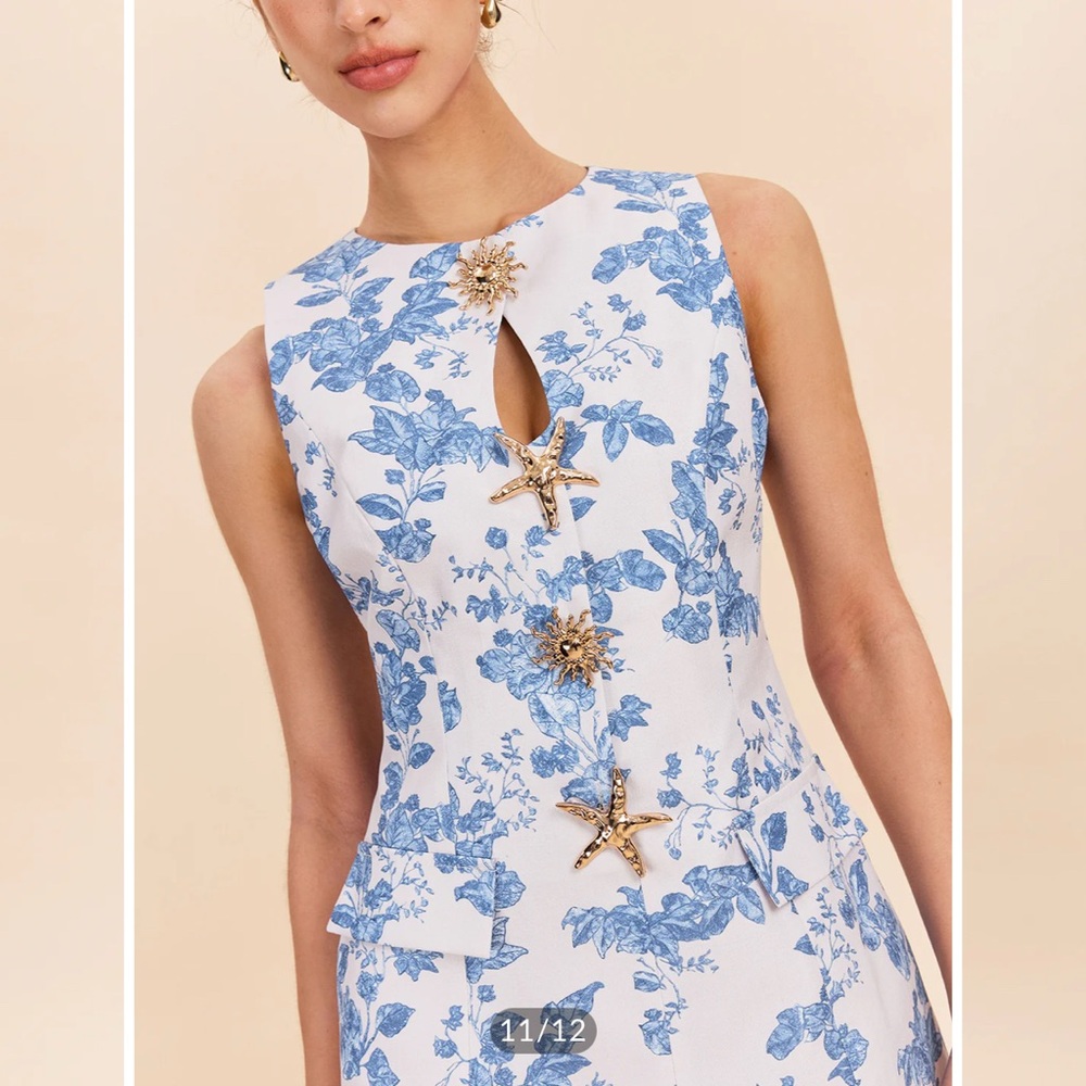 Commense Blue and White Floral Mini Dress M